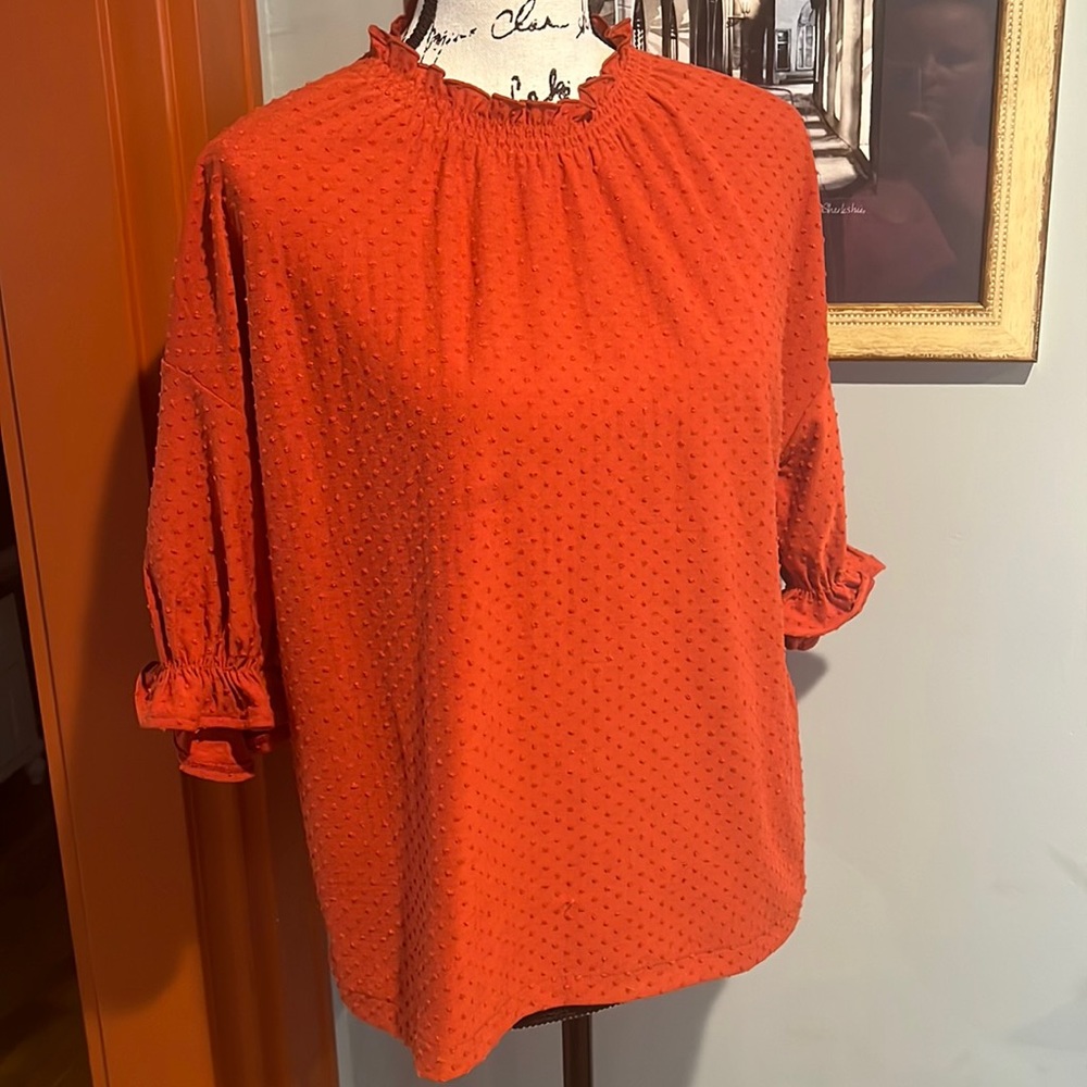 Madewell Burnt Orange High Neck Ruffle Top (XS)